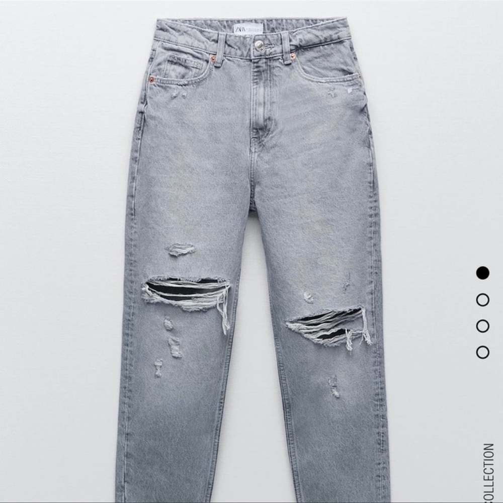 Zara ripped high rise mom jeans in light gray